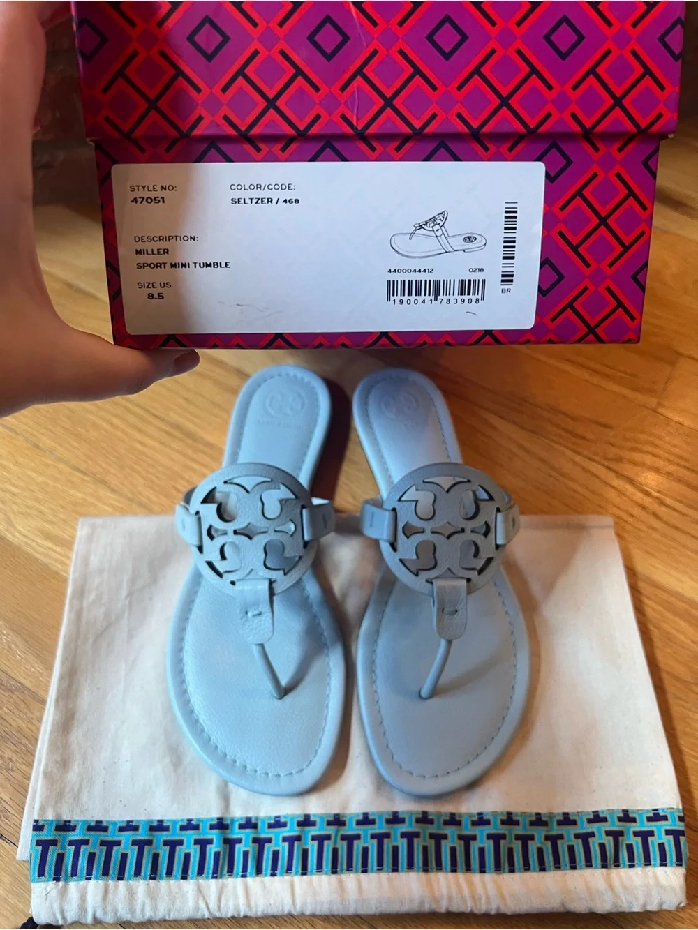 Tory Burch Seltzer Light Blue Tumbled Leather Miller Sandals
